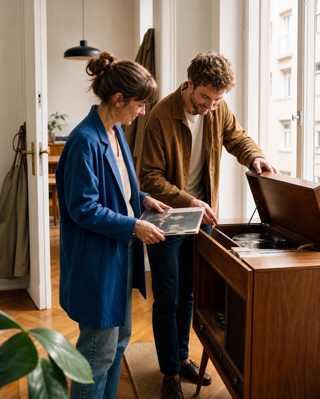 Zwei Personen sehen sich in einer Münchner Wohnung ein gebrauchtes Plattenspieler-Möbel an.